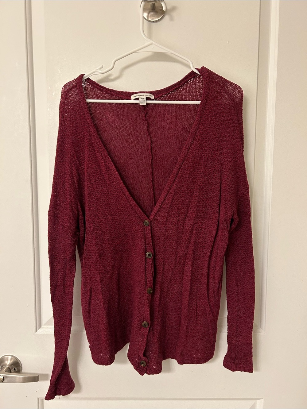 American Eagle Outfitters Burgundy Open-Weave Button Cardigan